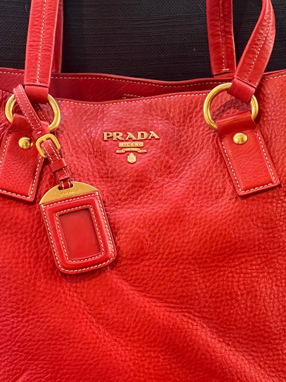 Prada Red Pebbled Leather Tote with Gold Hardware - Picture 2 of 16